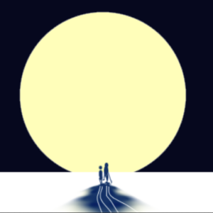 A graphic of a large moon in front off what appear to be two skiers and their shadow on the snow